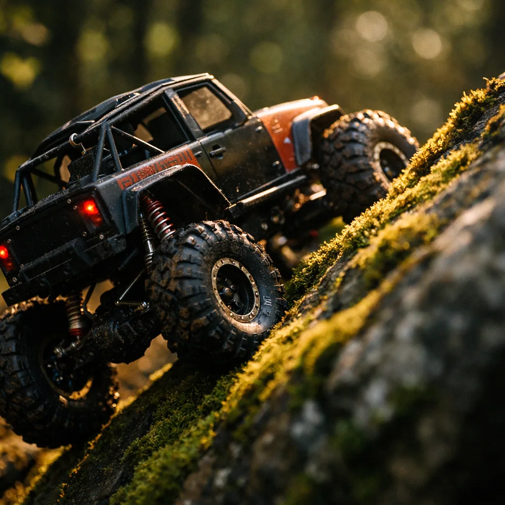 A scale RC crawler climbing a mossy boulder
