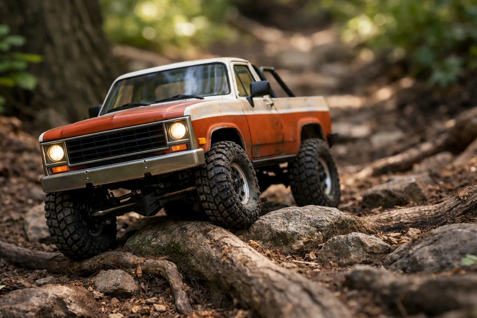 A scale RC crawler climbing a forest trail