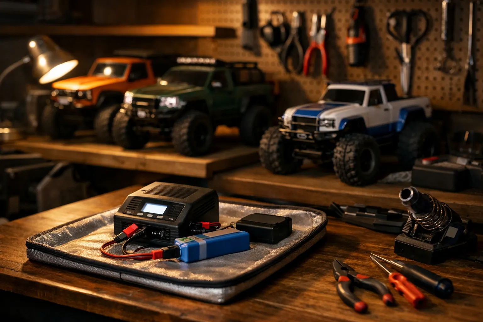 A garage hobby corner with RC trucks on a shelf and a charger on a fireproof tray