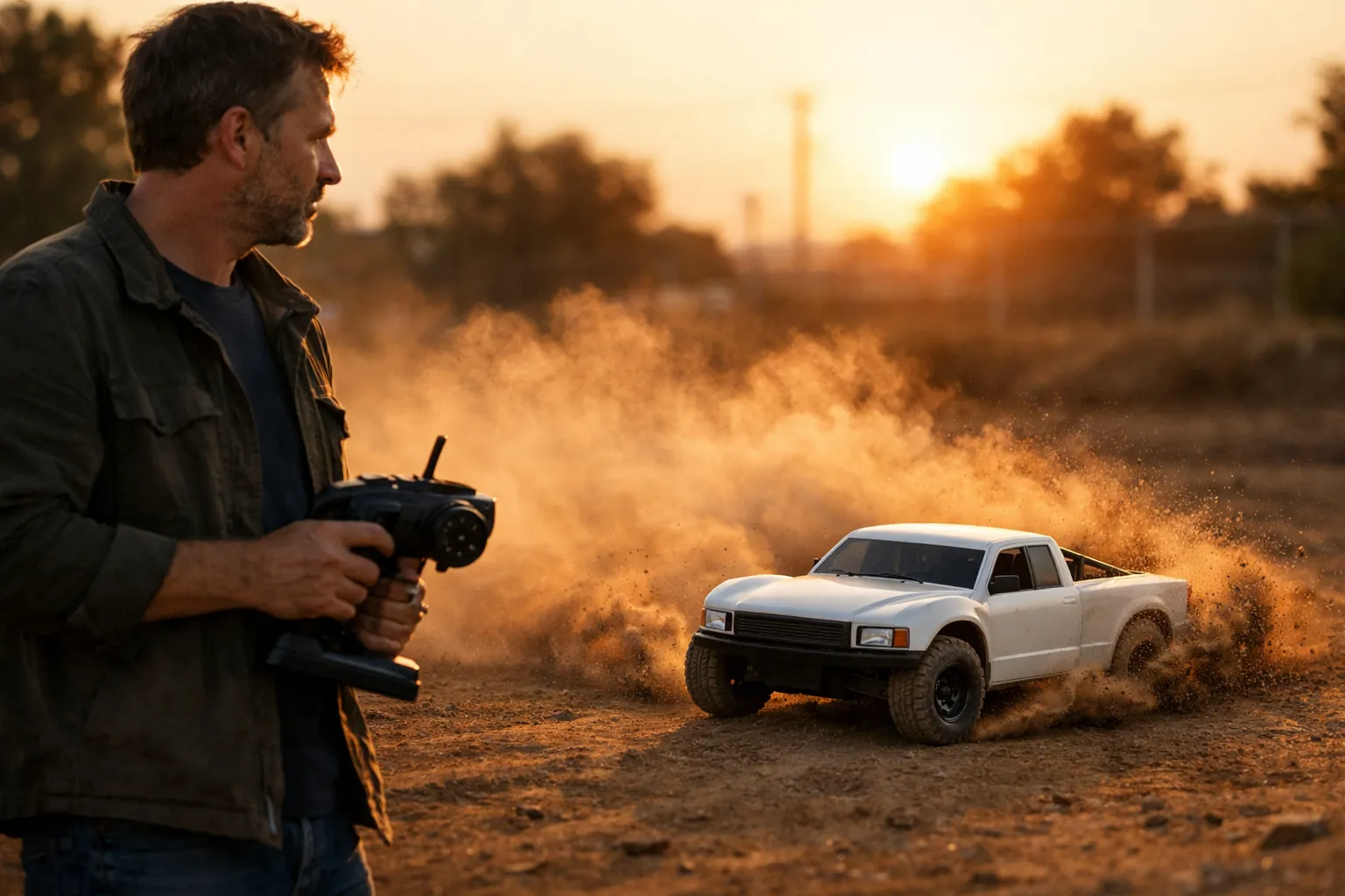 An adult watching a fast RC truck kick up dust on a dirt track at sunset