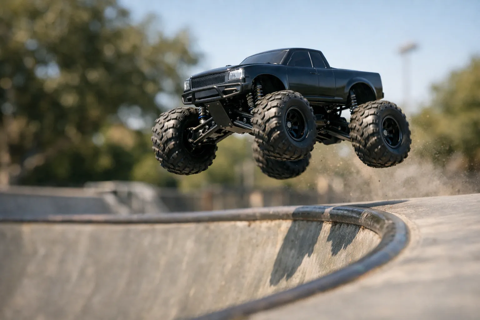 A small RC monster truck launching out of a skate park bowl