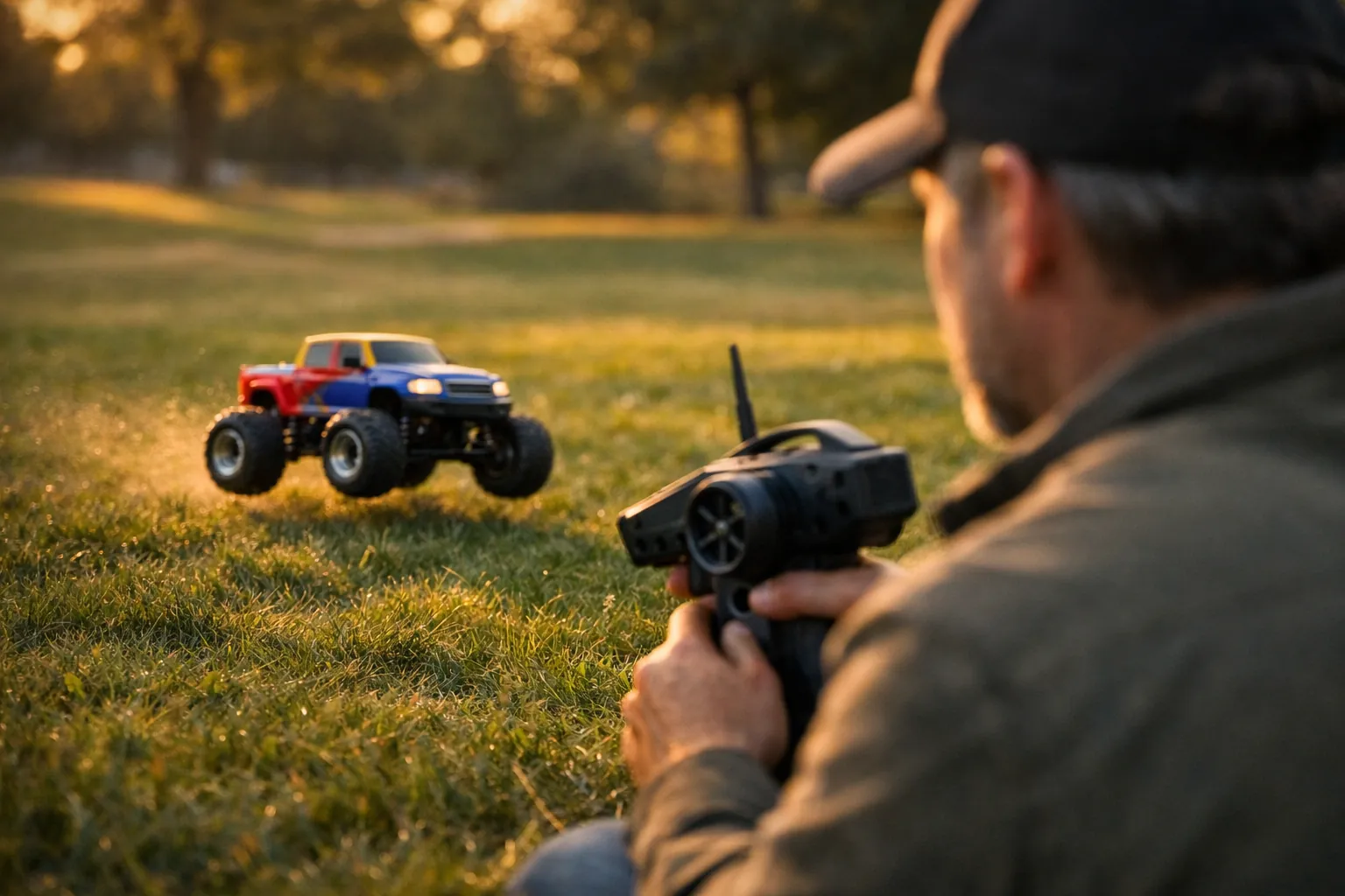 A beginner driving a small RC truck across a grassy park with a transmitter in hand