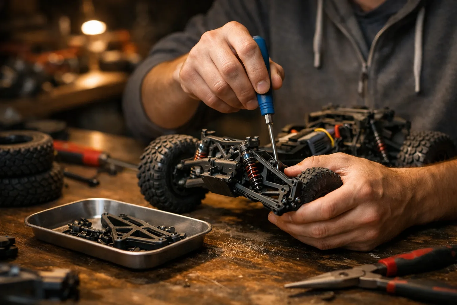 A beginner replacing a suspension arm on an RC truck