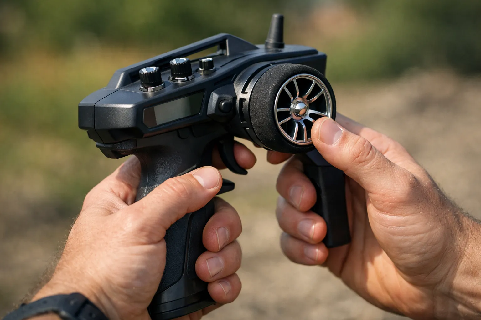 Hands on a pistol-grip RC transmitter