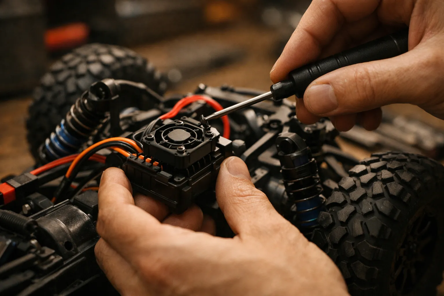 Hands installing a speed controller into an RC truck chassis