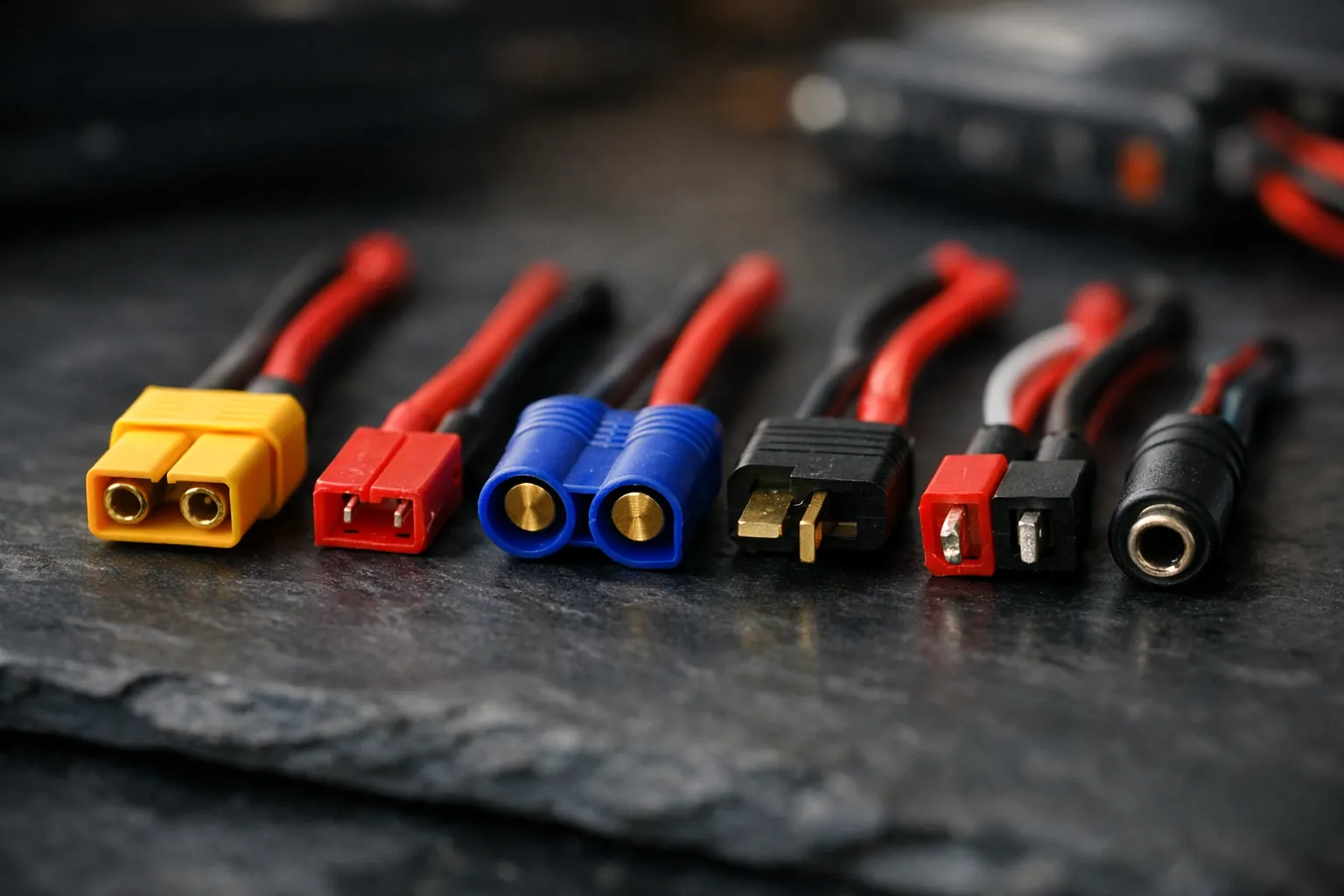 A row of different RC battery power connectors laid out on a dark surface