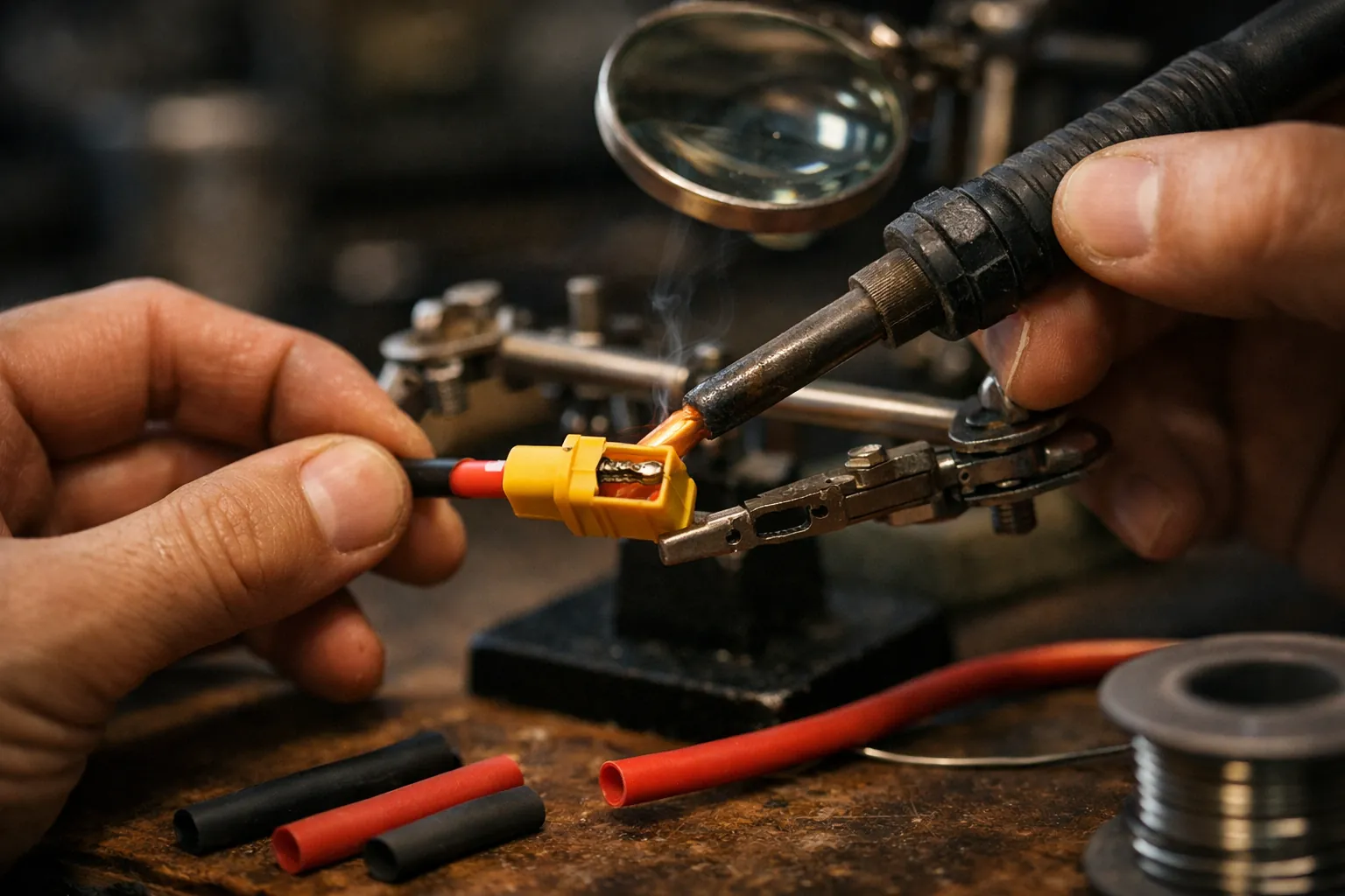 Hands soldering a wire into a battery connector