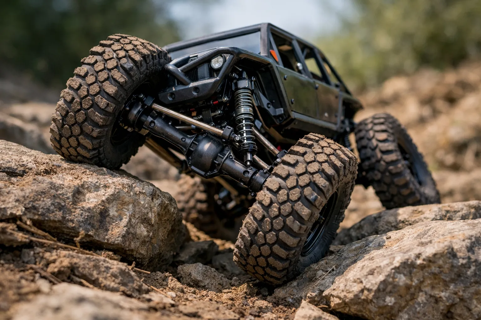 A 1/10 RC crawler with axles twisted over a rock