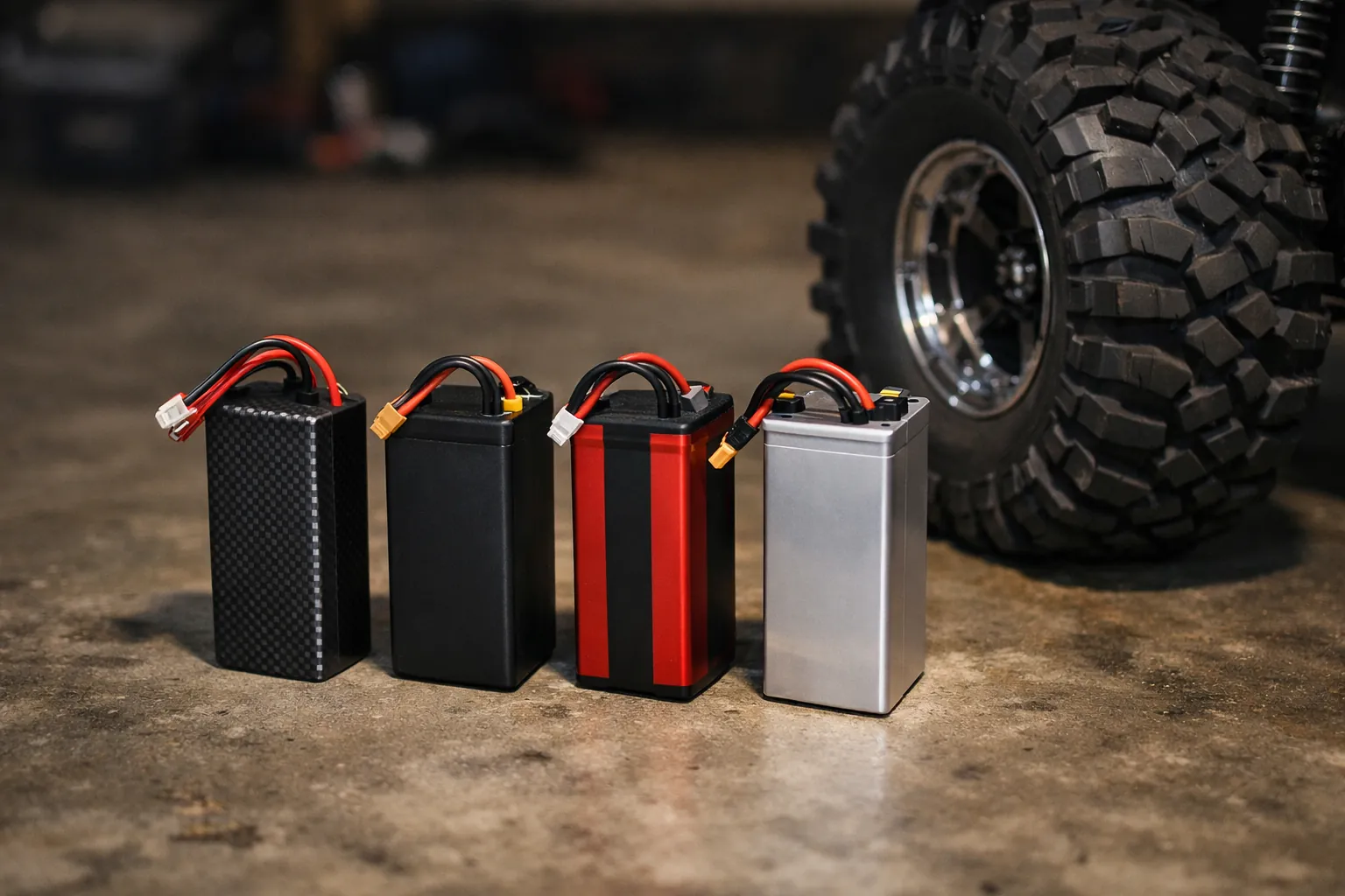 Large RC LiPo battery packs on a garage floor next to a big tire