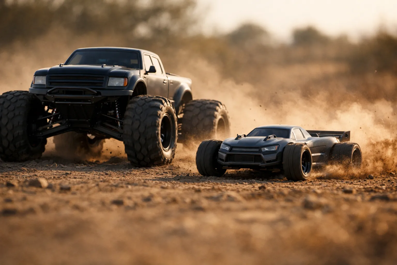A large RC monster truck and a lower speed truck racing across a dirt field