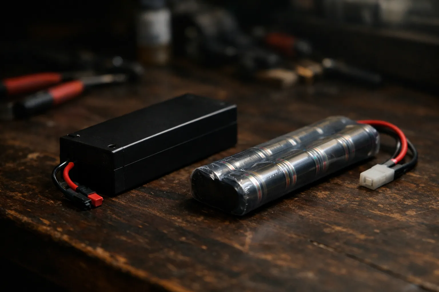 A hard-case LiPo battery pack and a stick-style NiMH battery pack side by side on a workbench