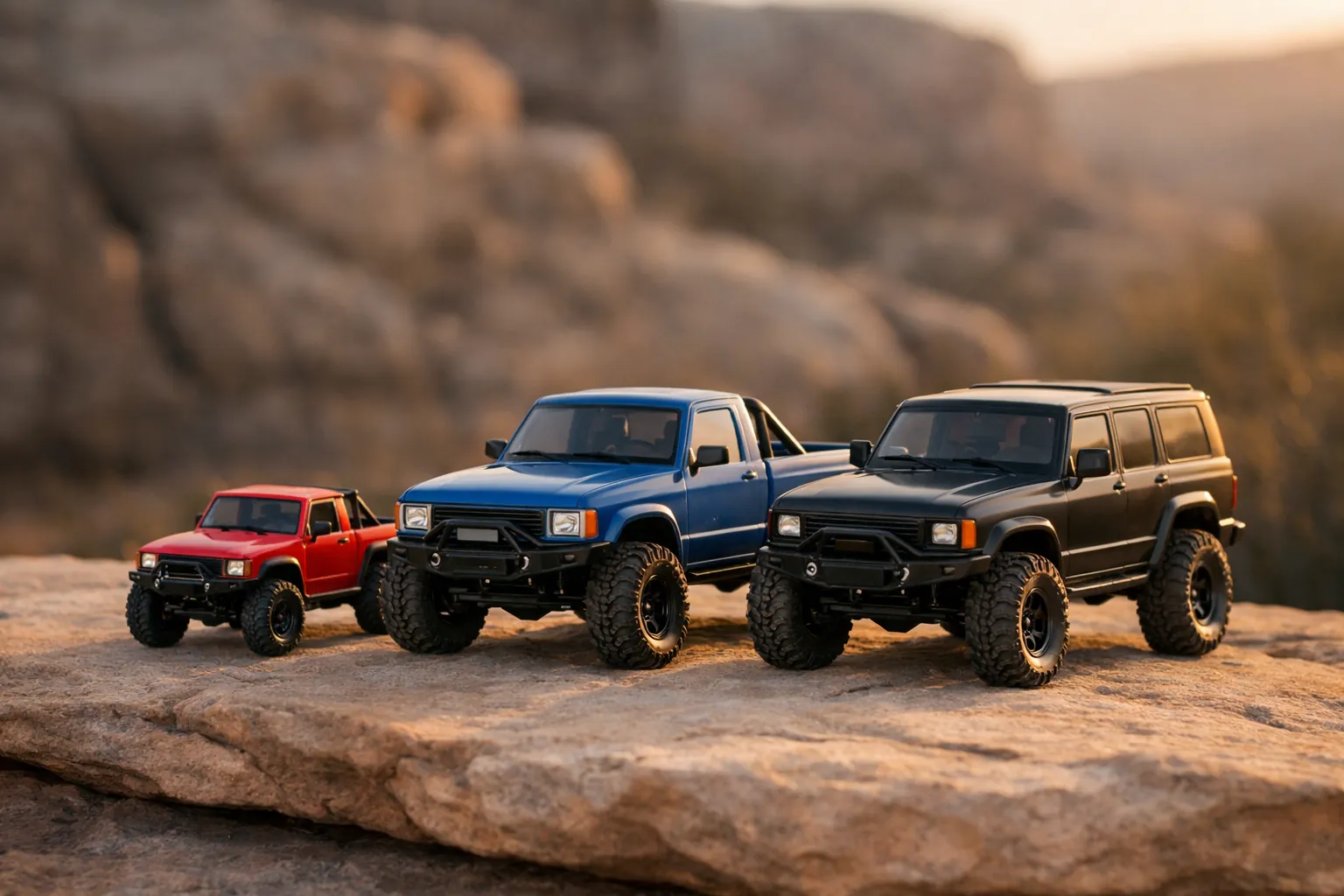 Three small RC crawler trucks of different sizes lined up on a flat rock