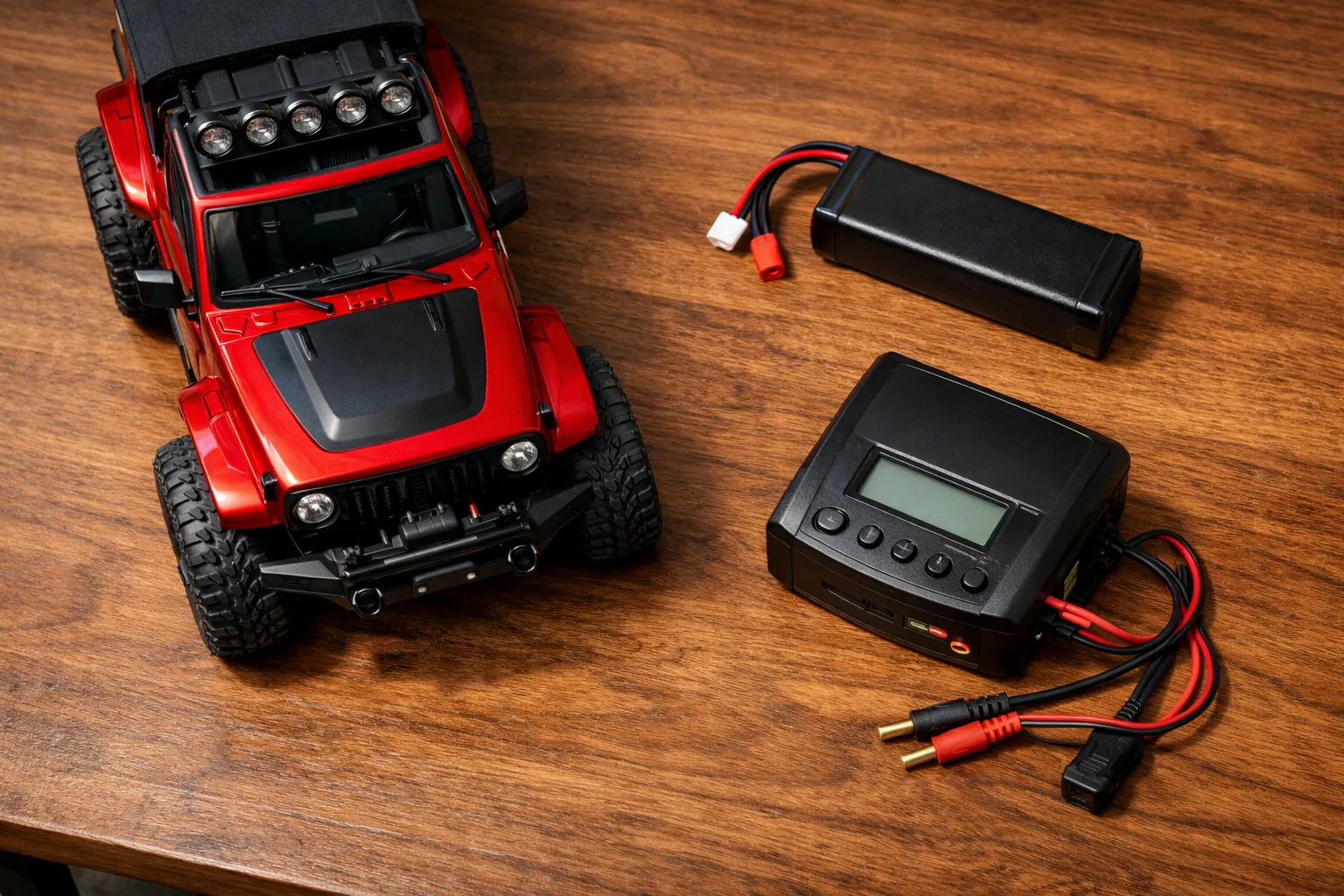 An RC truck next to a separate battery and charger