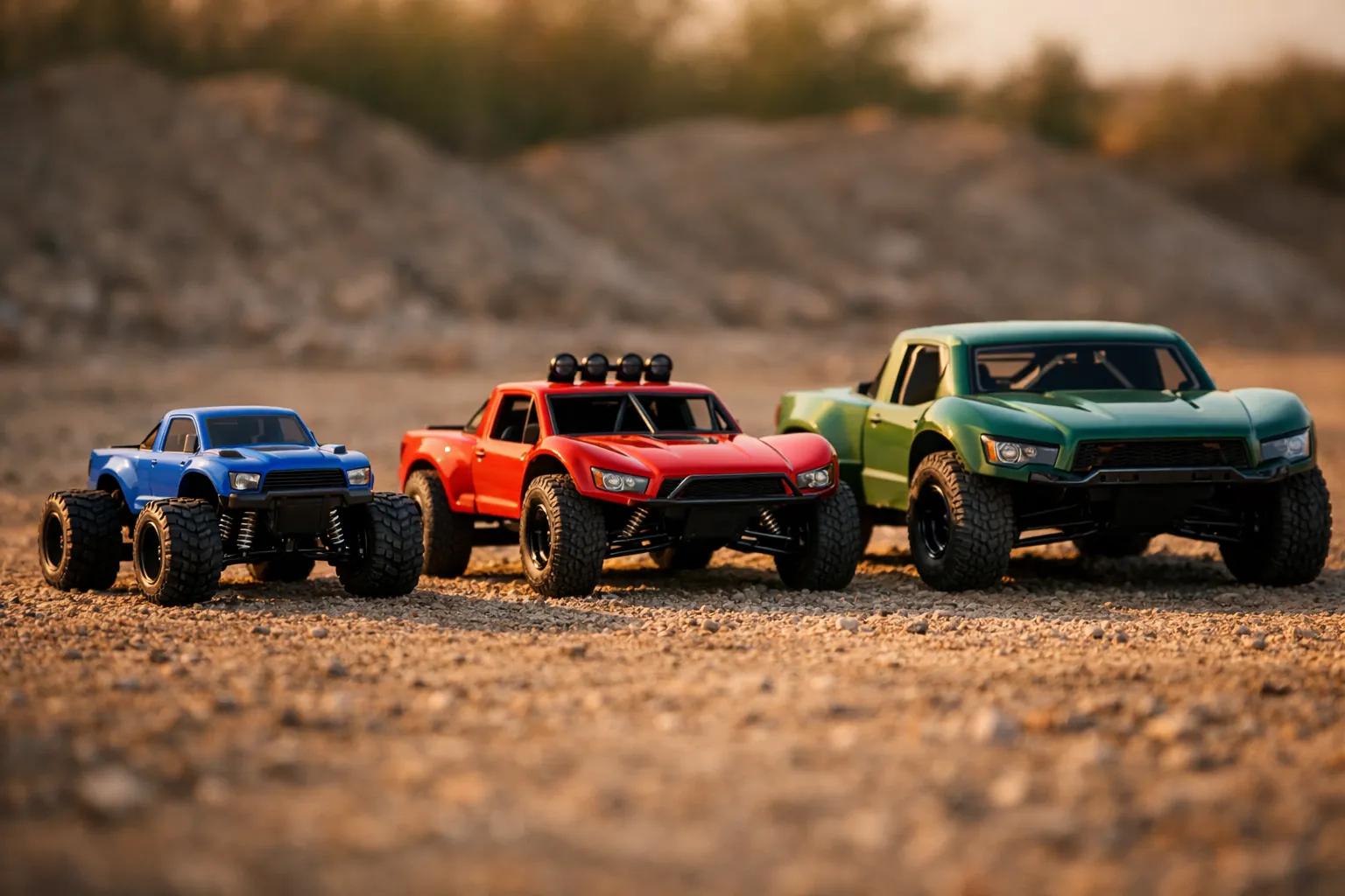 Three RC trucks of different sizes and prices lined up on a gravel lot