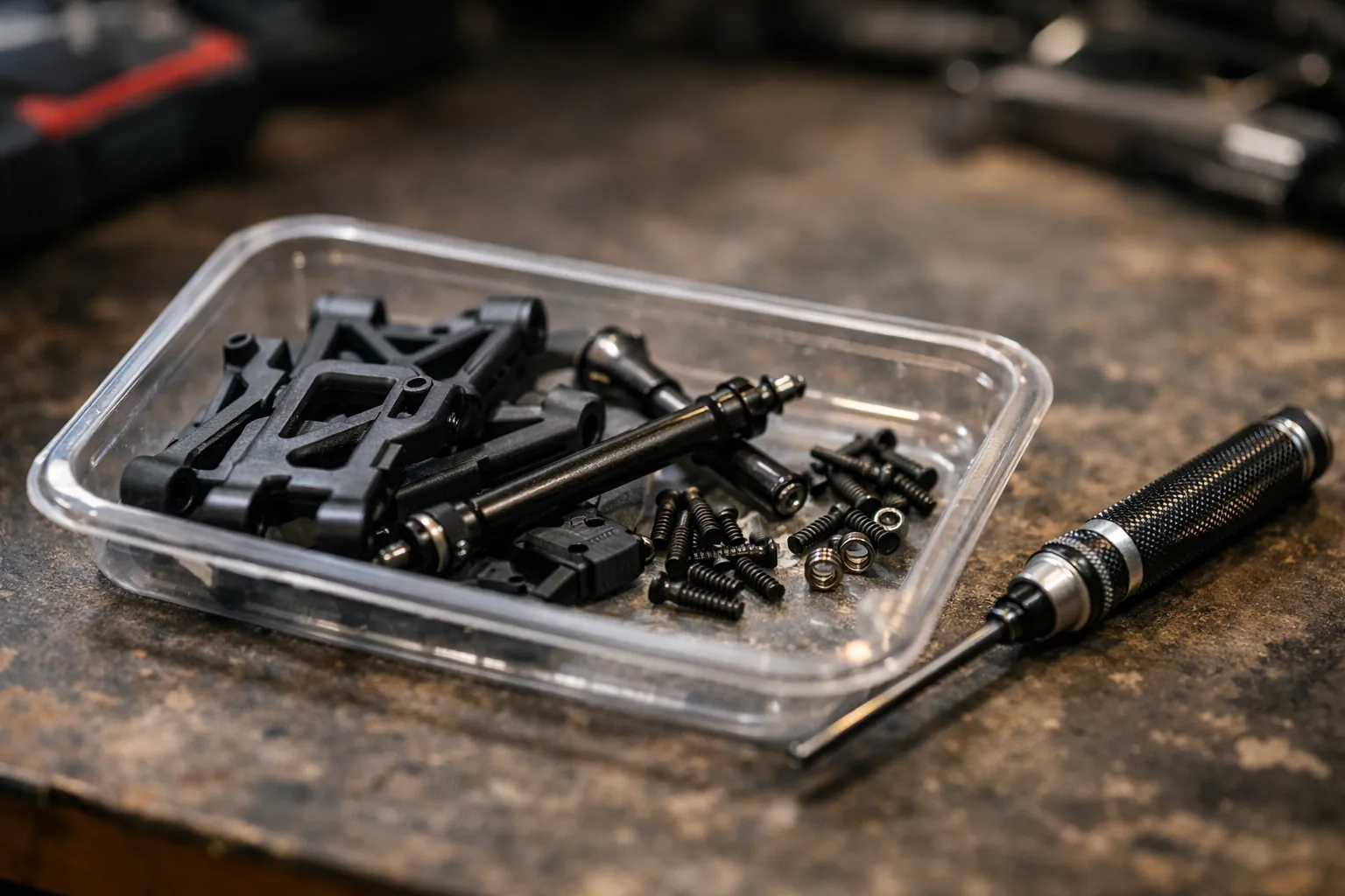 Inexpensive RC replacement parts in a tray