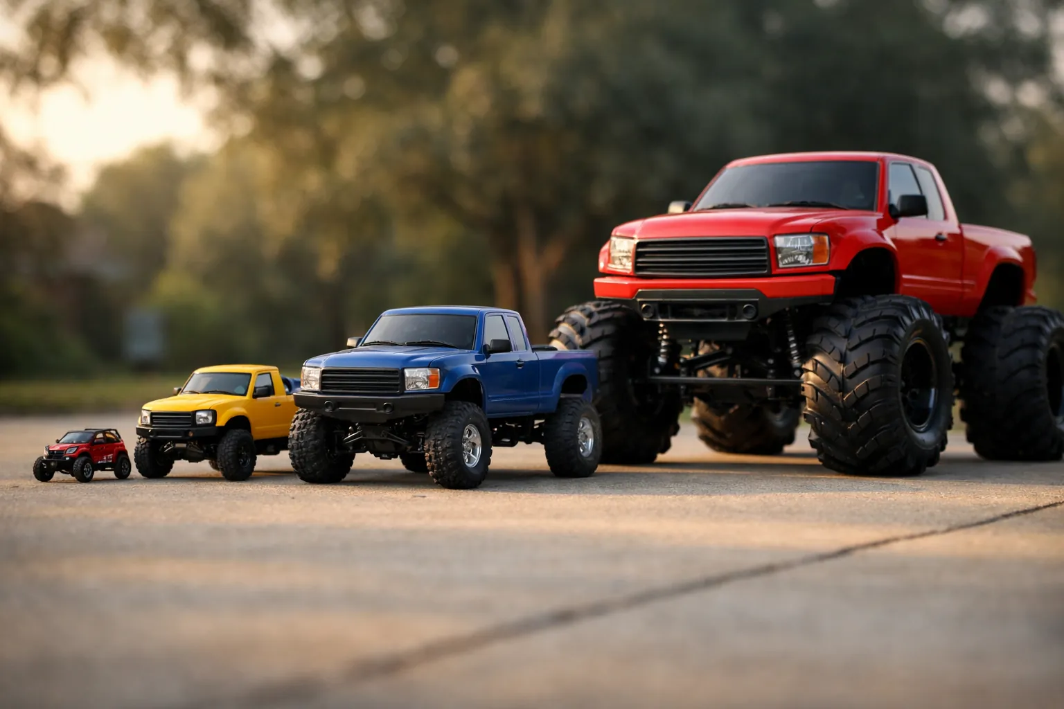 RC trucks of several sizes lined up from smallest to largest on a driveway