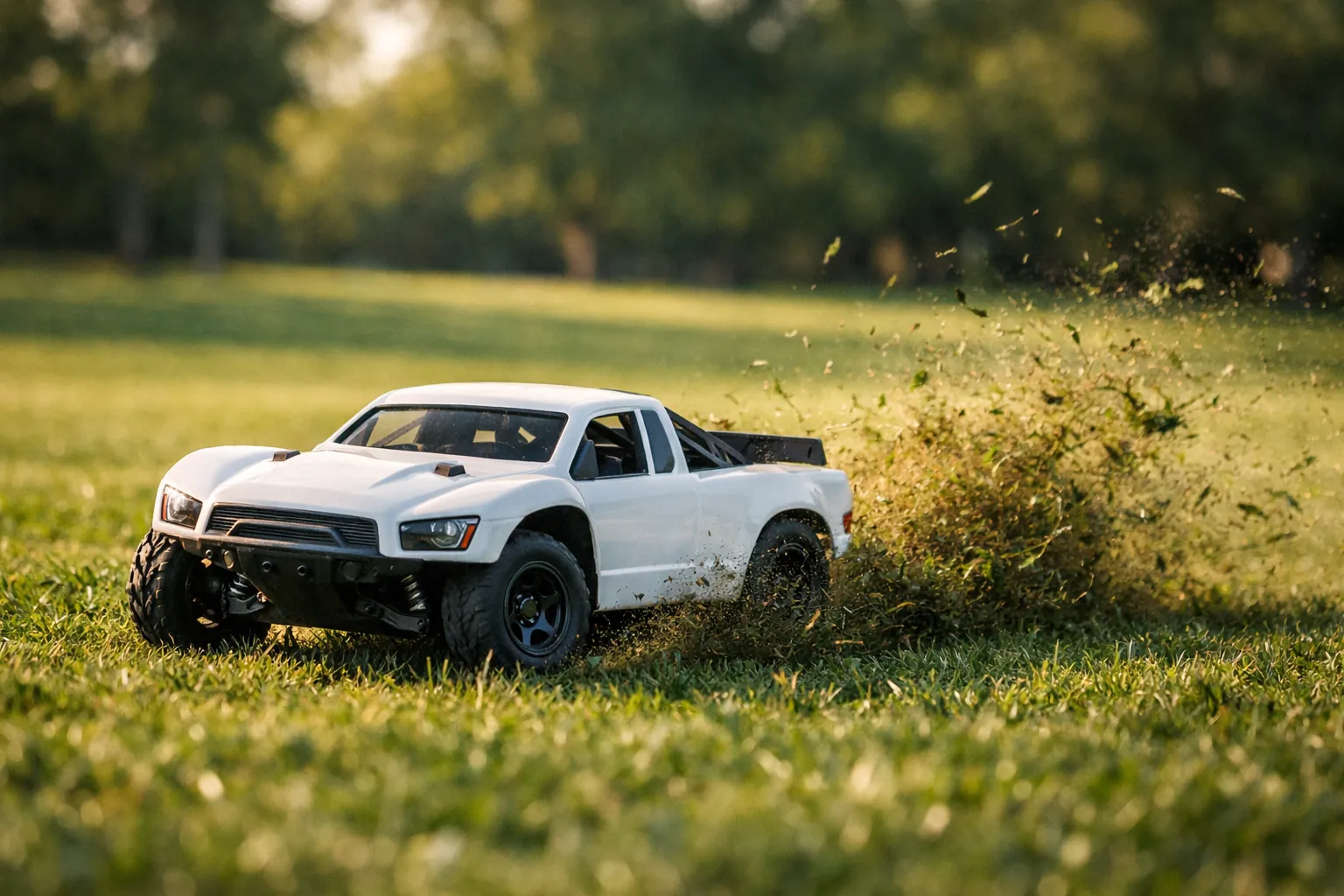 A 1/10 RC truck kicking up grass in a park