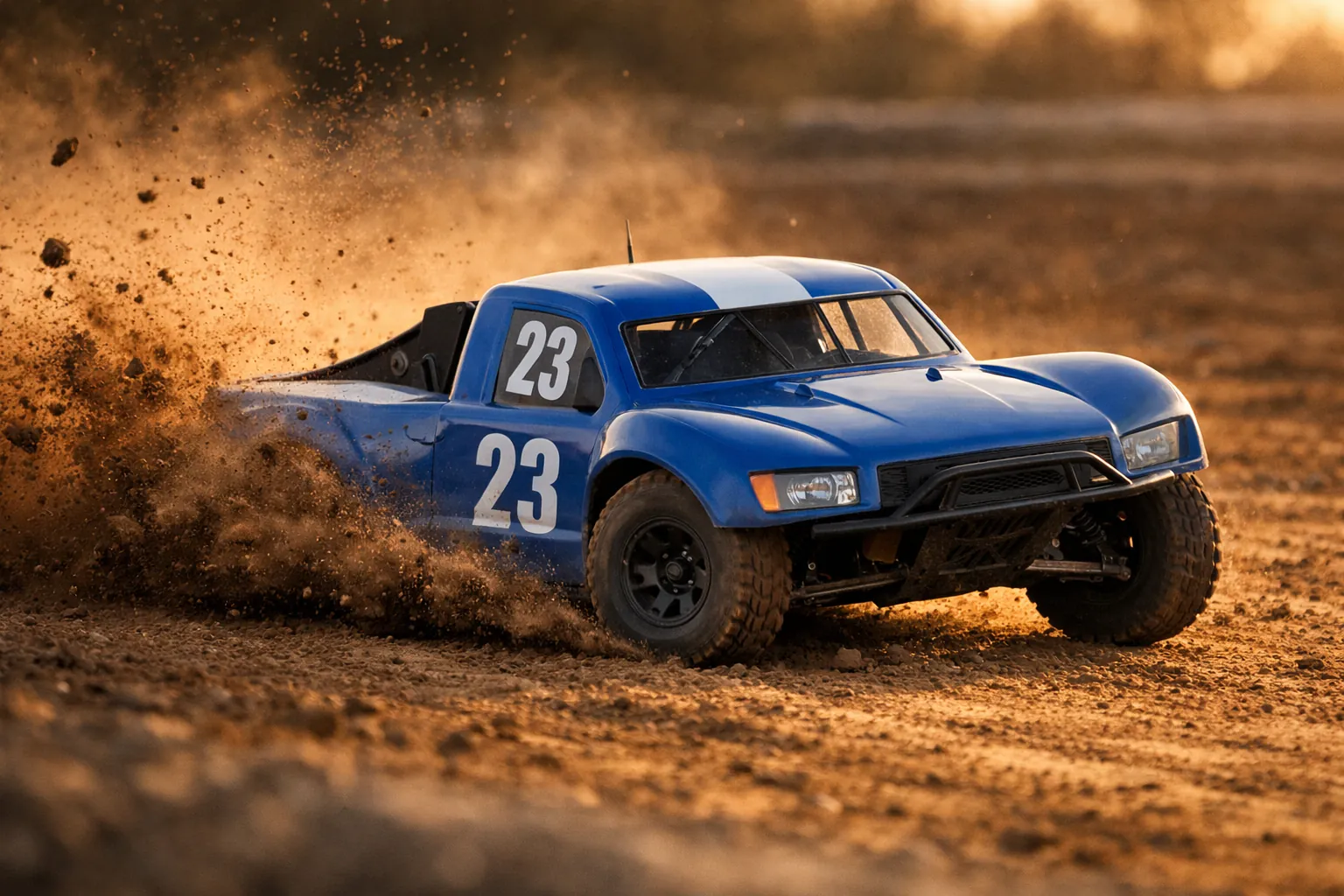 A 1/10 short course RC truck drifting through a dirt corner with dust flying
