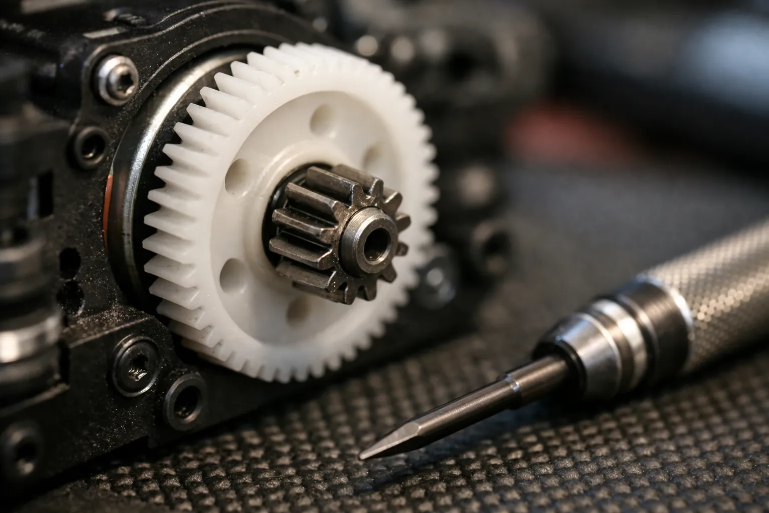 A steel pinion gear meshing with a larger spur gear on an RC truck