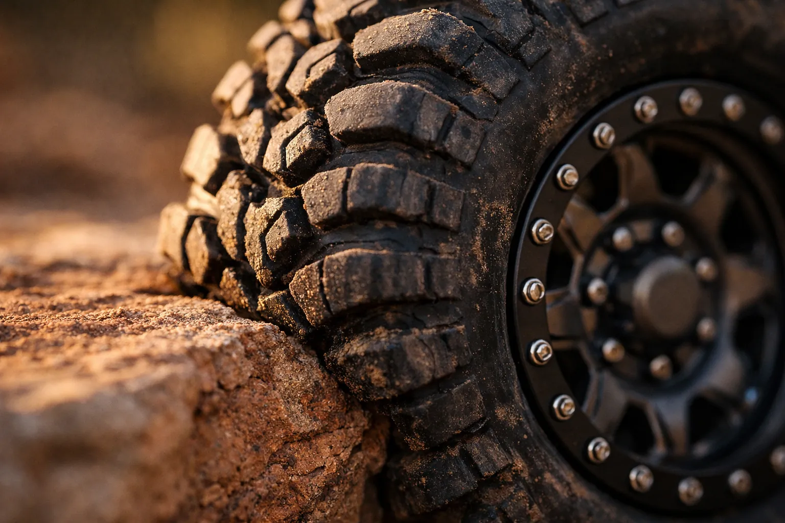 Close-up of soft RC crawler tires gripping a sandstone rock