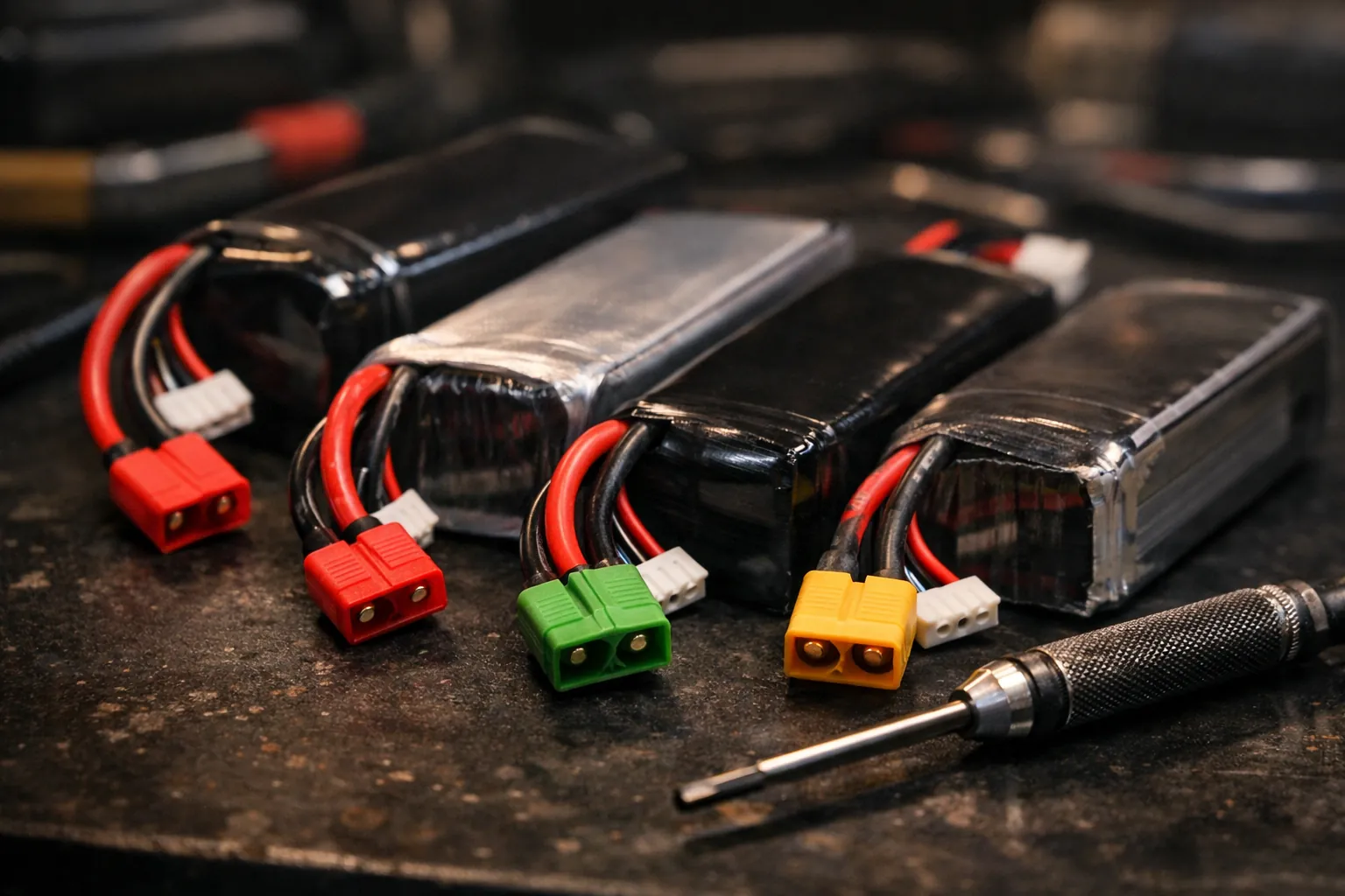 Several RC LiPo battery packs with different connectors on a workbench
