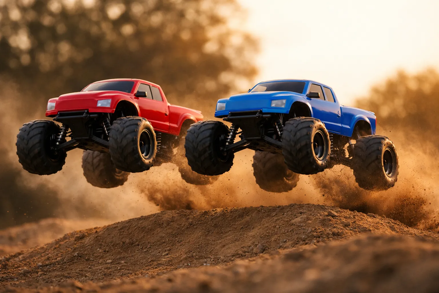 Two 1/10 scale RC monster trucks jumping off a dirt ramp side by side at sunset