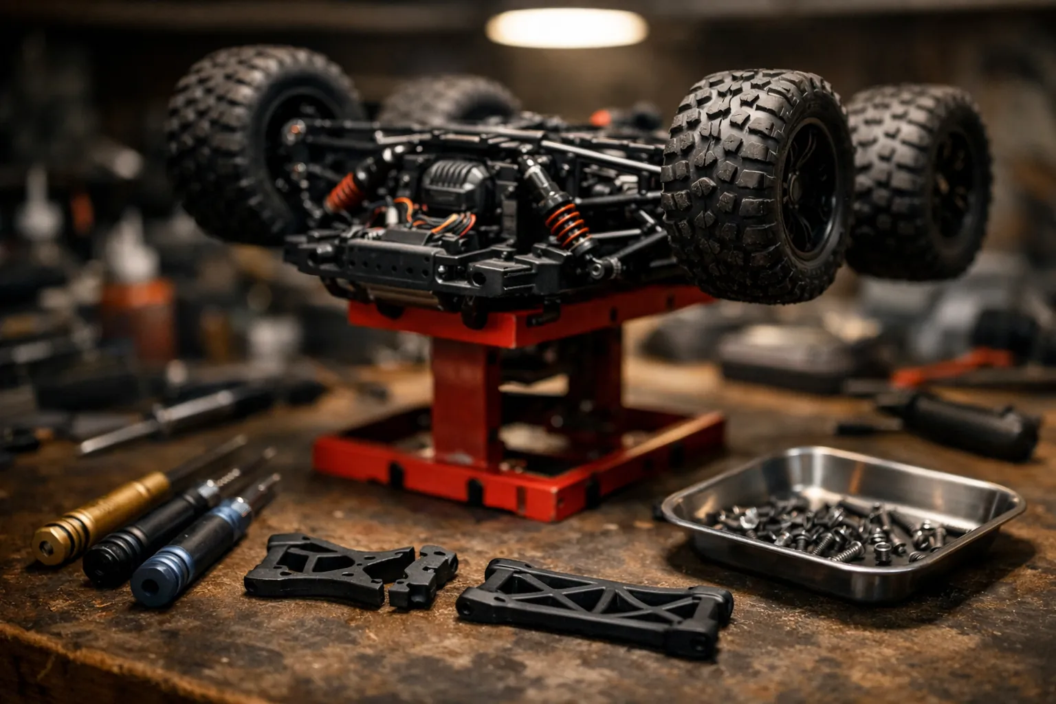 An RC monster truck on a repair stand with a broken suspension arm