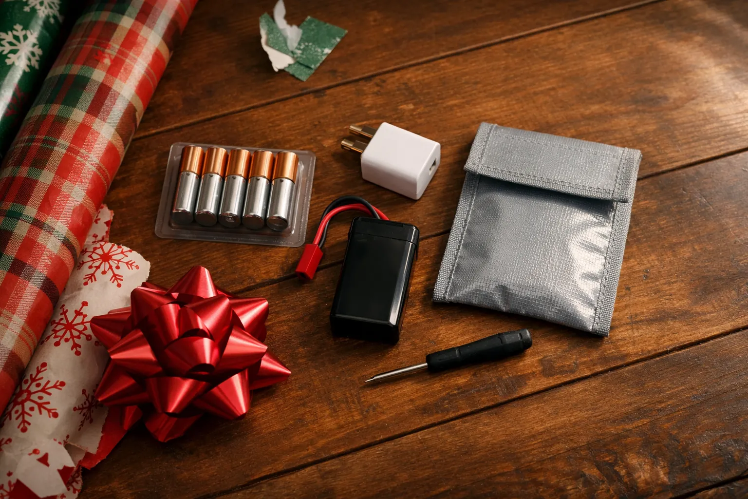 AA batteries, a USB wall adapter, a spare RC battery and a charging pouch laid out by wrapping paper