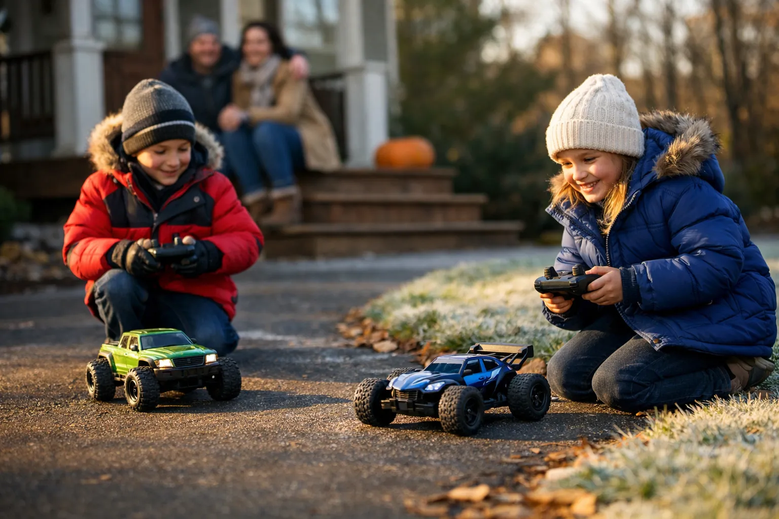 Two kids driving RC cars on a dry driveway on a cold morning