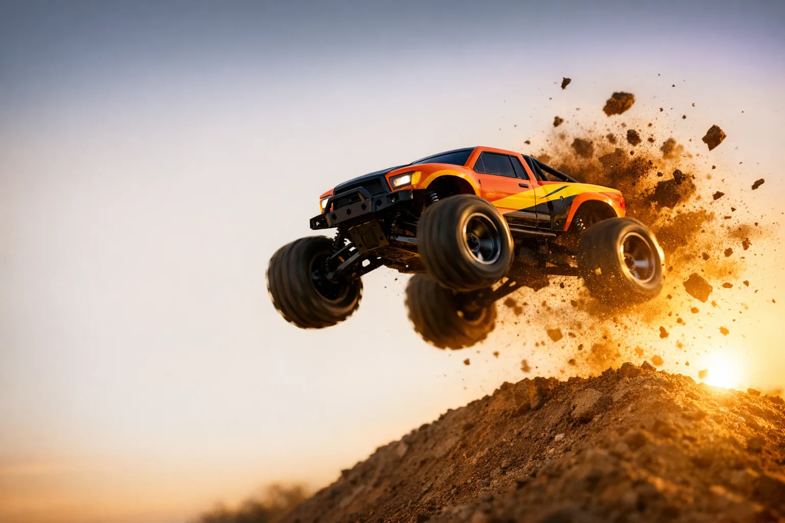 An orange RC monster truck in mid-air off a dirt jump at sunset